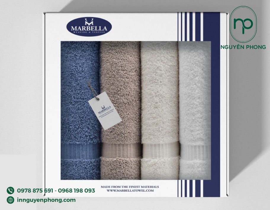 Mẫu hộp giấy đựng khăn tắm kèm tag 